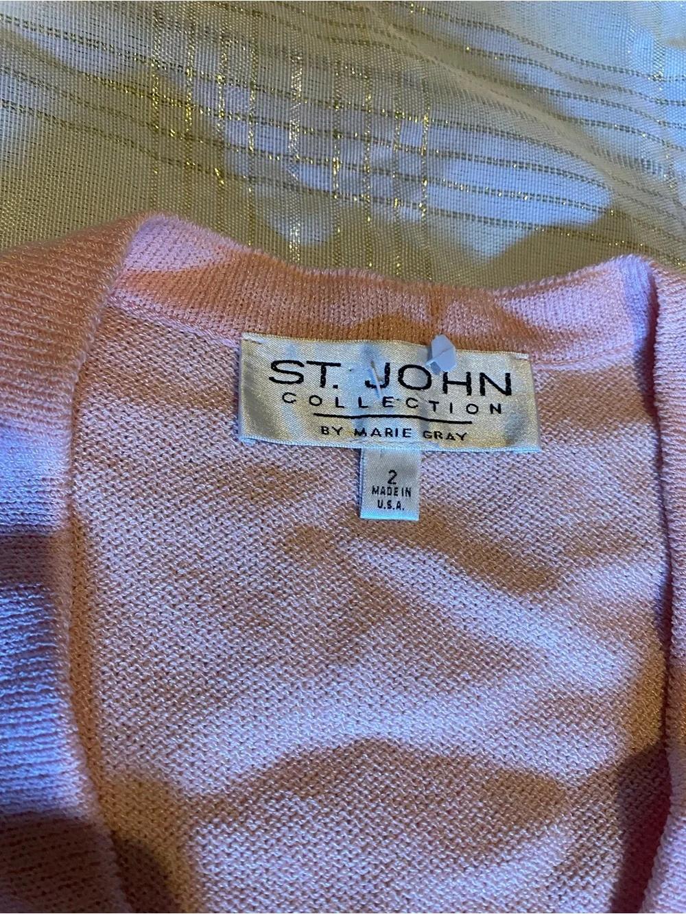 St. John Collection Soft Pink Openwork V-Neck Cardigan with Gold Buttons